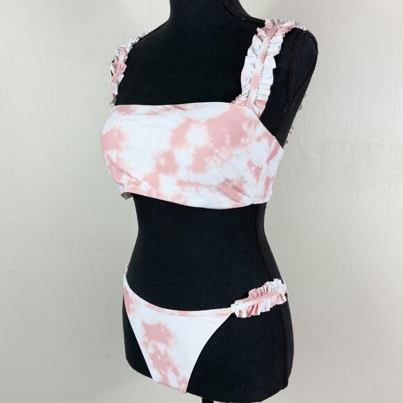 Aerie Two Piece Printed Ruffle Bandeau Bikini Top and Cheekiest Bottom Swimsuit - Picture 4 of 12